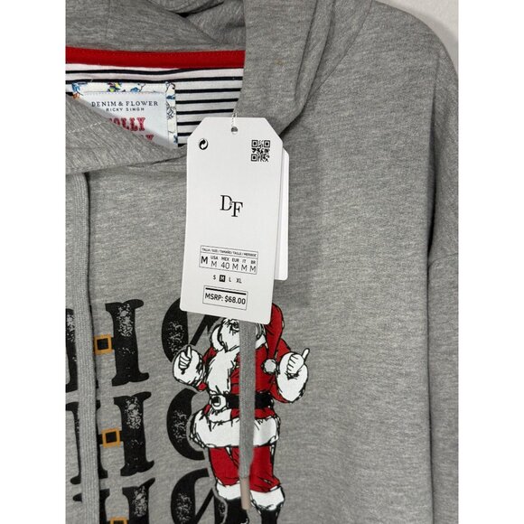Denim & Flower Holly Jolly Med Gray Hoodie Santa Ho Ho Ho Christmas Holiday NWT - Picture 3 of 8